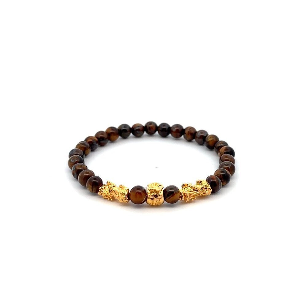 18K Gold Dragon Pixiu Double Piyao Money Bag Charm Bracelet Tiger's Eye Gemstone